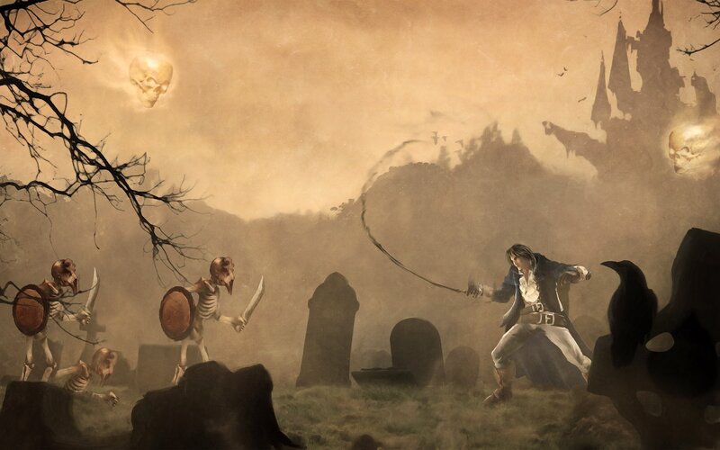 Warrior fights skeletons in a graveyard