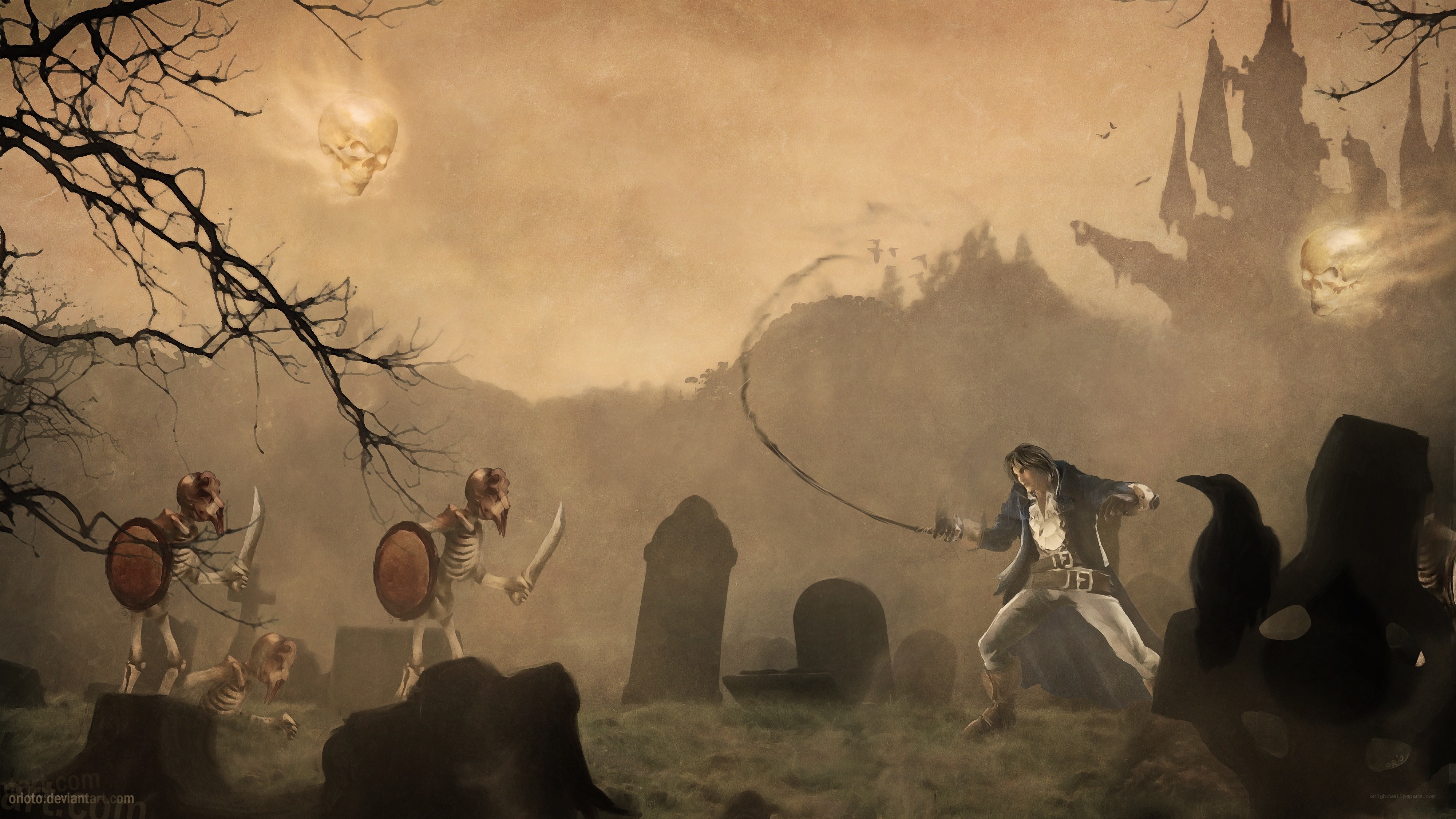 Warrior fights skeletons in graveyard