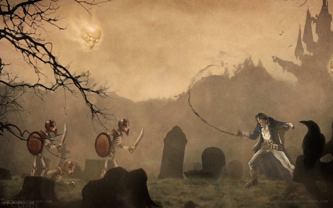 Warrior fights skeletons in graveyard