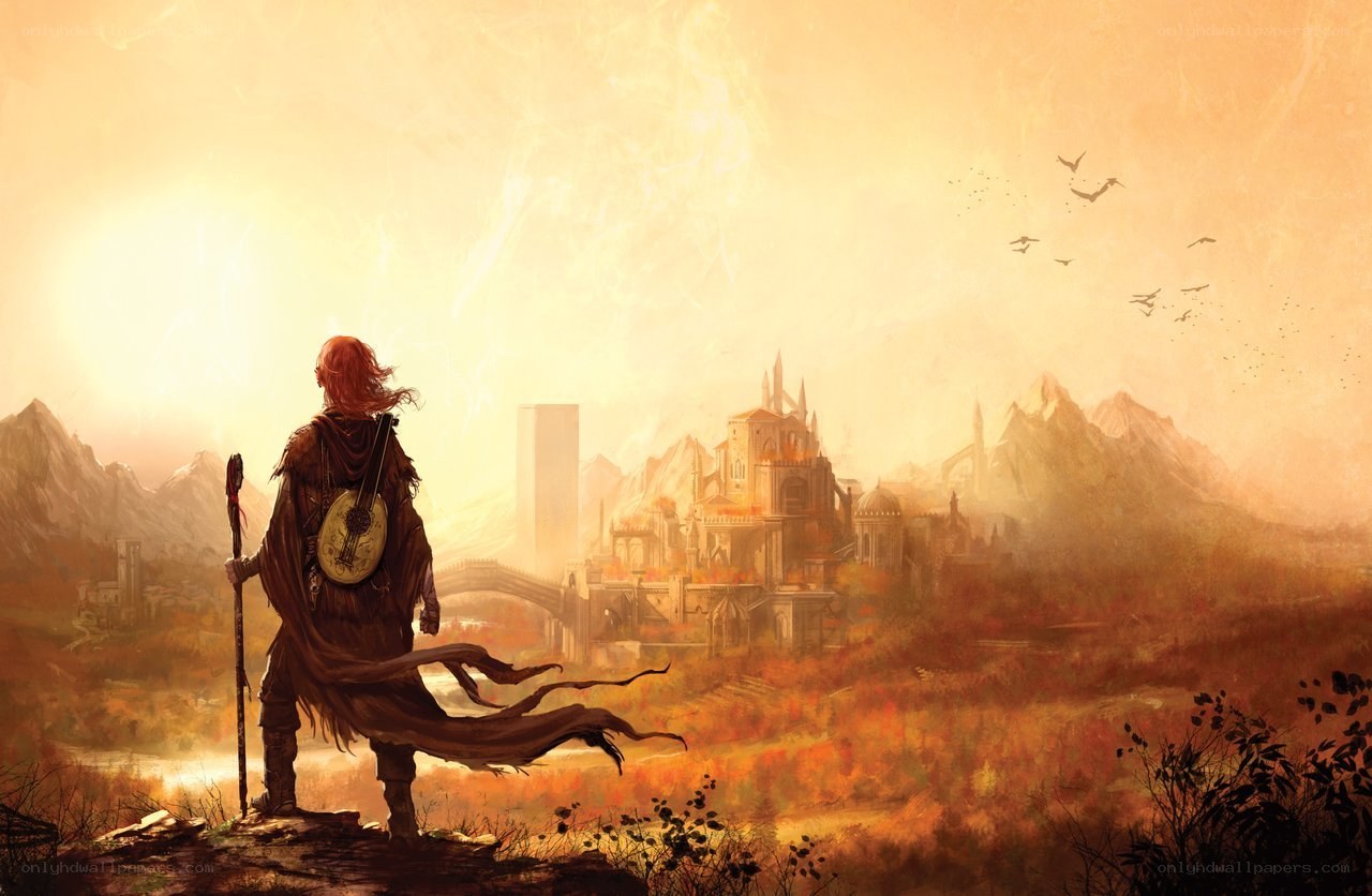 Warrior gazes at distant city