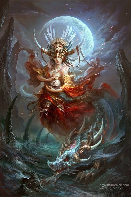 Warrior goddess with skull and dragon