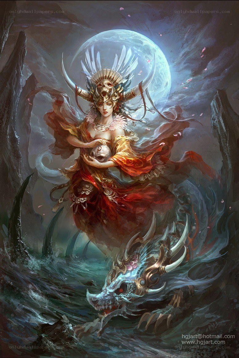Warrior goddess with skull and dragon