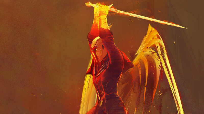 Warrior Holding Sword — Red, Dramatic