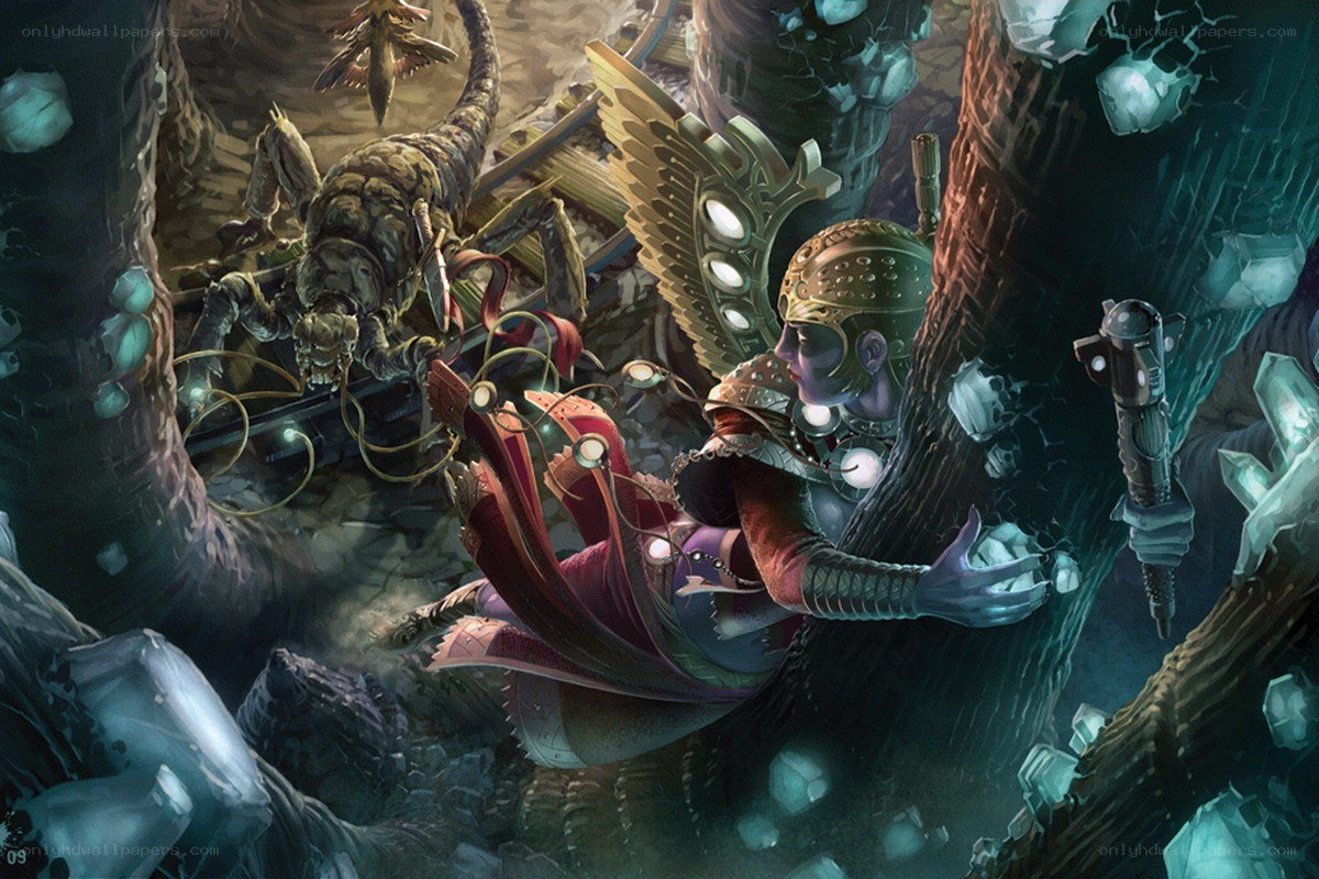 Warrior in a cave with a giant insect