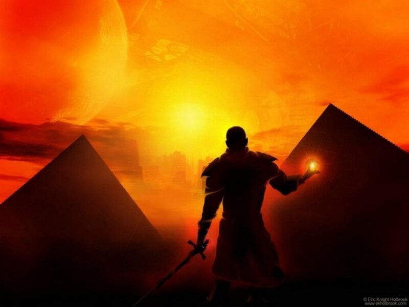 Warrior in a fiery landscape