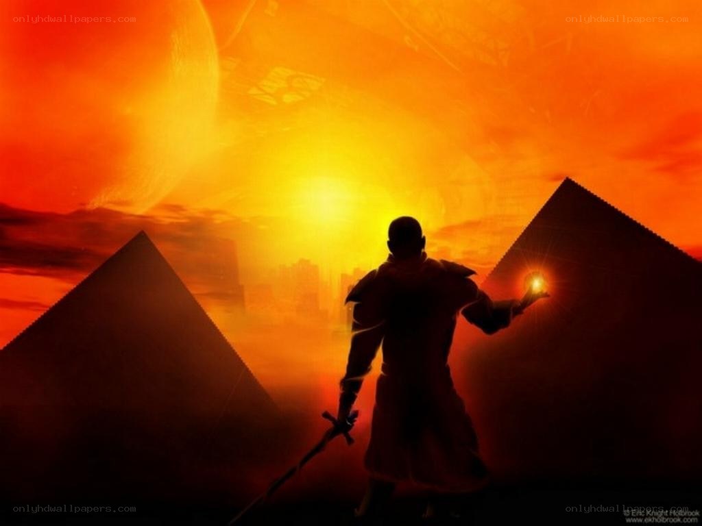 Warrior in a fiery landscape