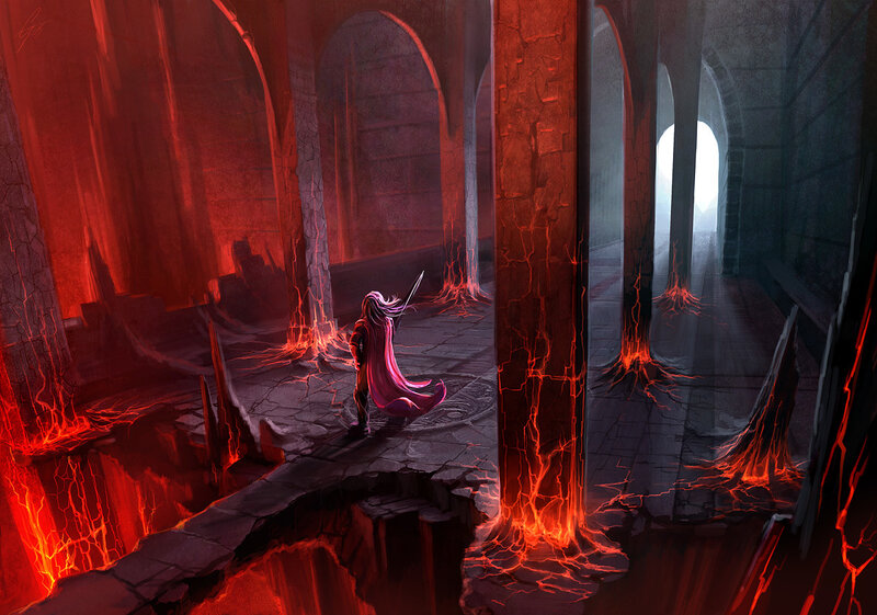Warrior in a lava-filled ruin