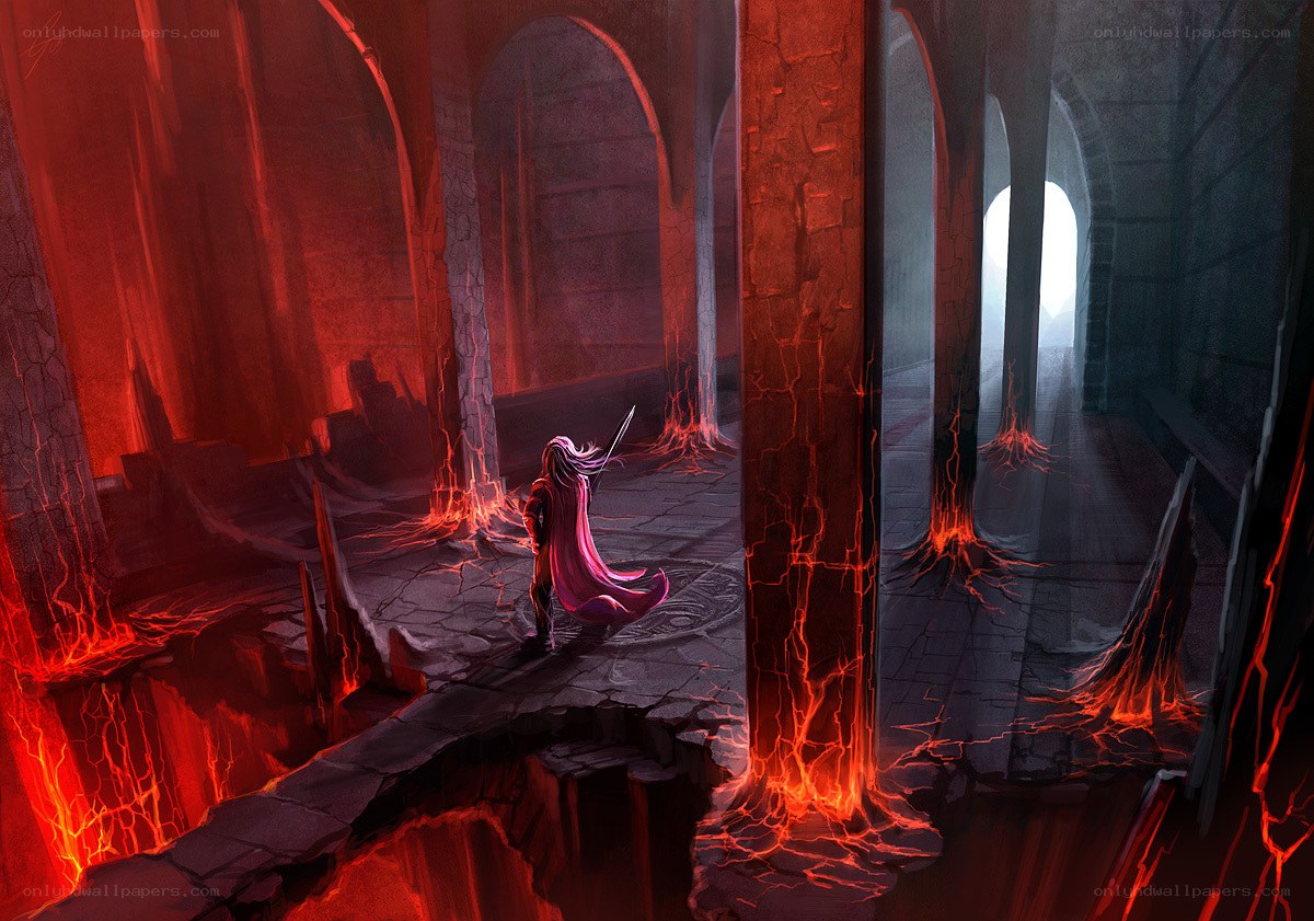 Warrior in a lava-filled ruin