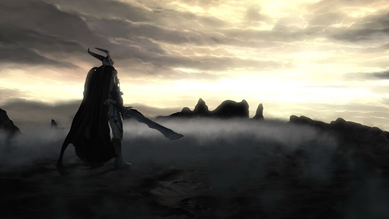 warrior in a misty landscape