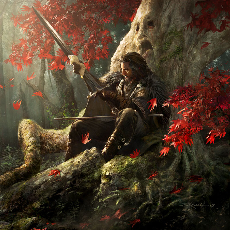 Warrior in a red-leafed forest
