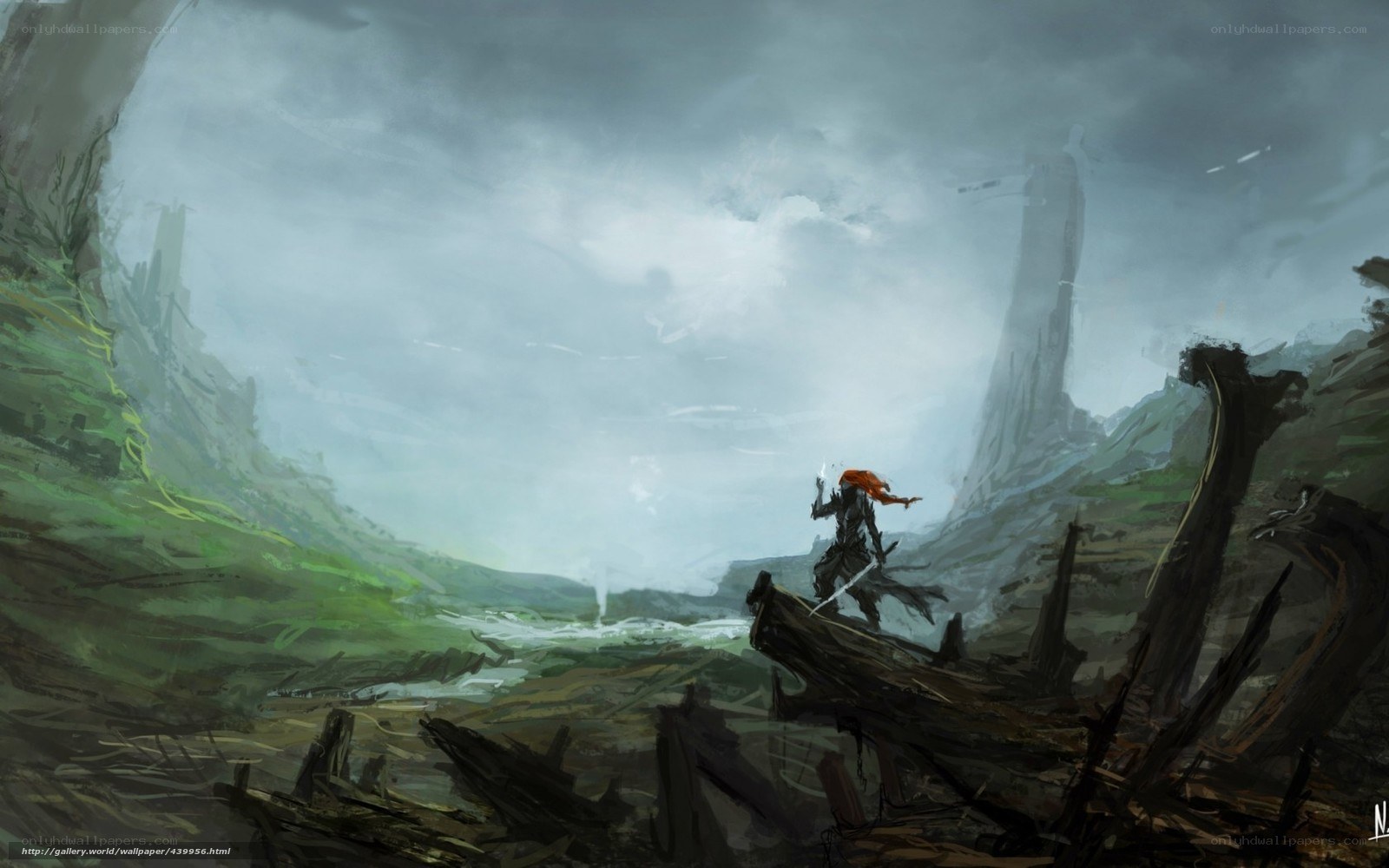 Warrior in a ruined landscape