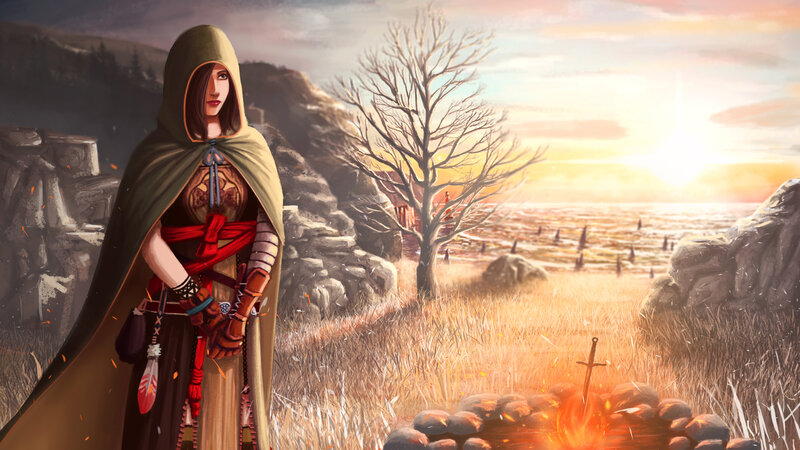 Warrior in a sunset landscape