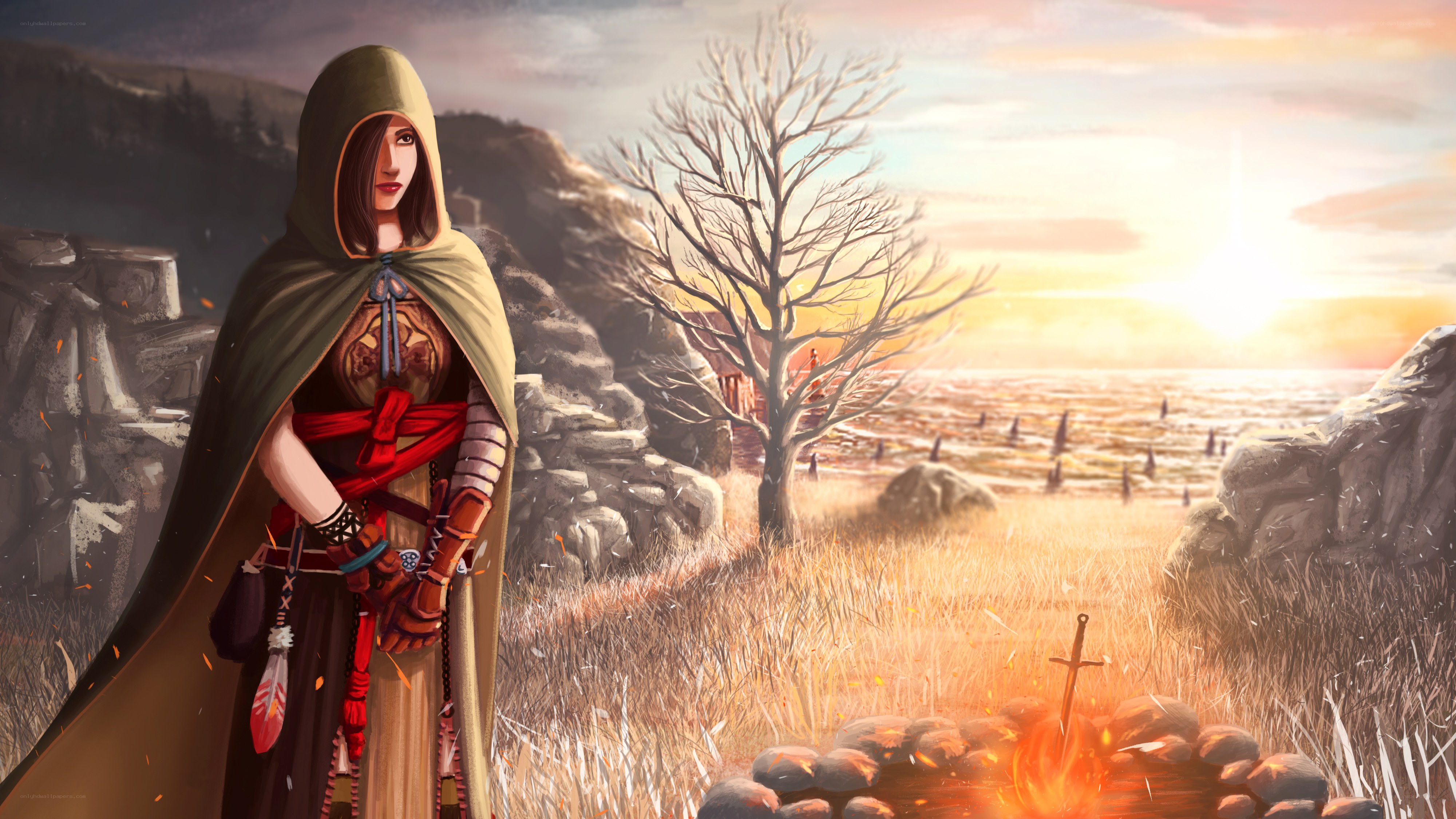 Warrior in a sunset landscape