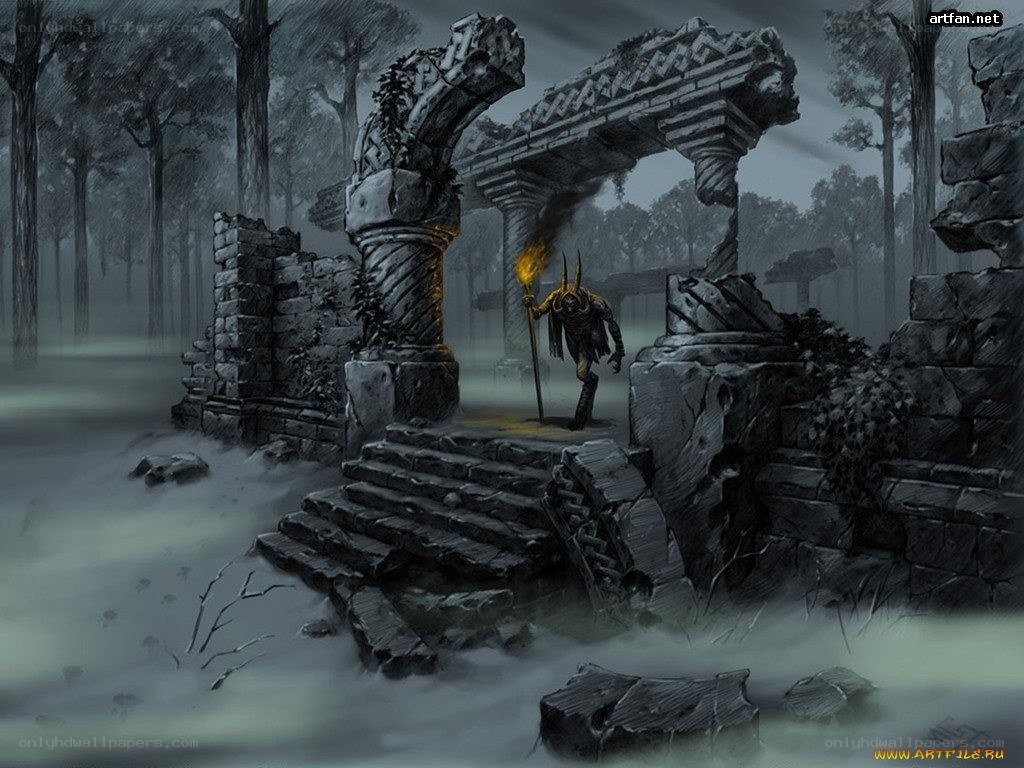 Warrior in ancient ruins