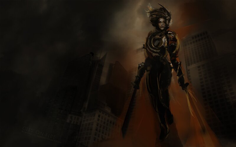 warrior in burning city