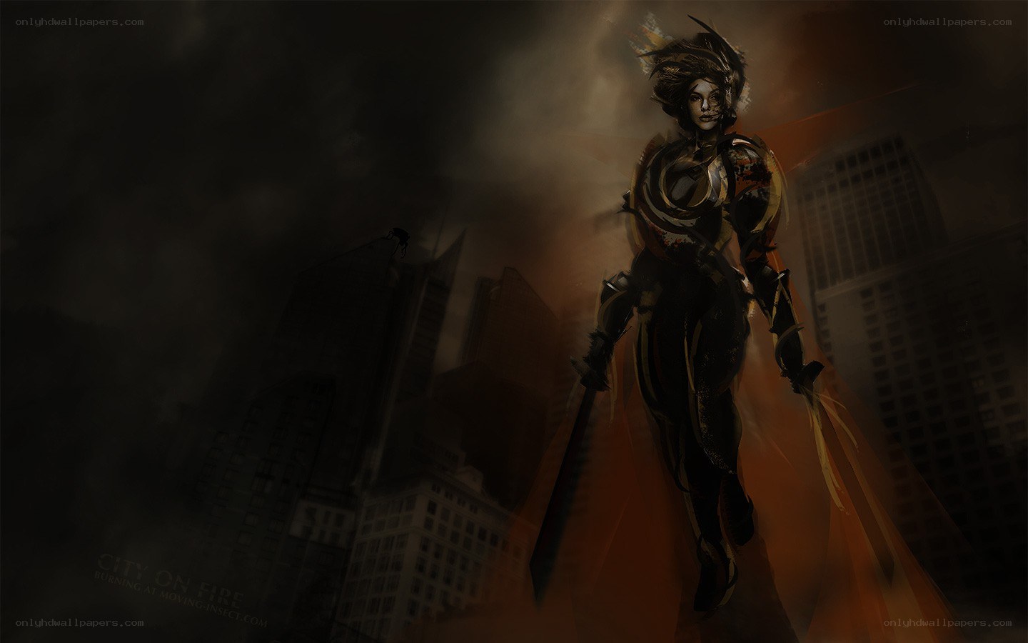 warrior in burning city