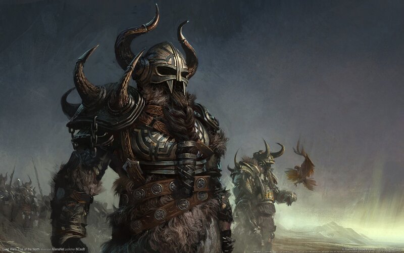 Warrior in Horned Helmet — Gray, Dramatic, Digital Art, Armored Warrior, Flying Bird, Distant Soldiers