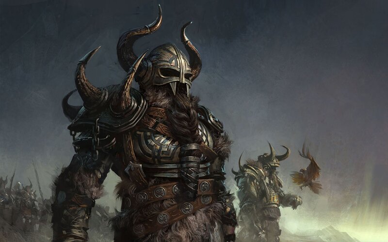 Warrior in Horned Helmet — Gray, Dramatic, Digital Art, Armored Warriors, Bird, Battlefield