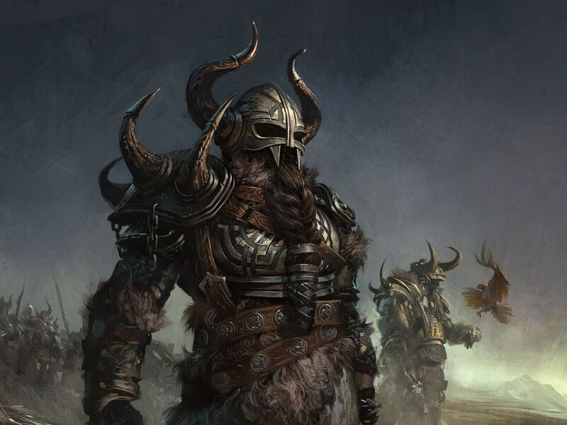 Warrior in Horned Helmet — Gray, Dramatic, Digital Art