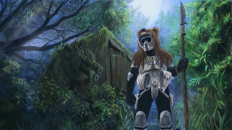 Warrior in jungle with spear