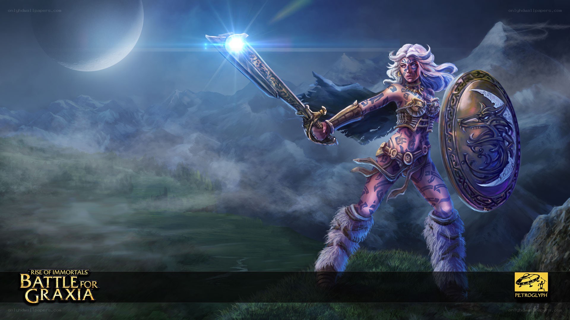 Warrior in moonlit mountains