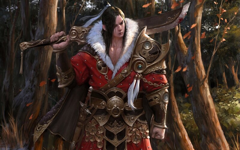 Warrior in Red Armor — Dramatic, Autumn, Digital Art, Forest