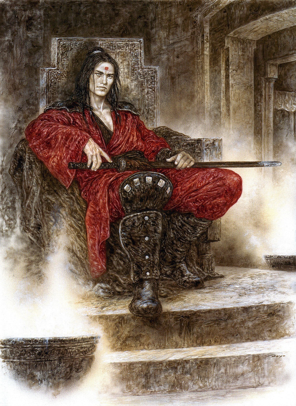 warrior in red robes seated