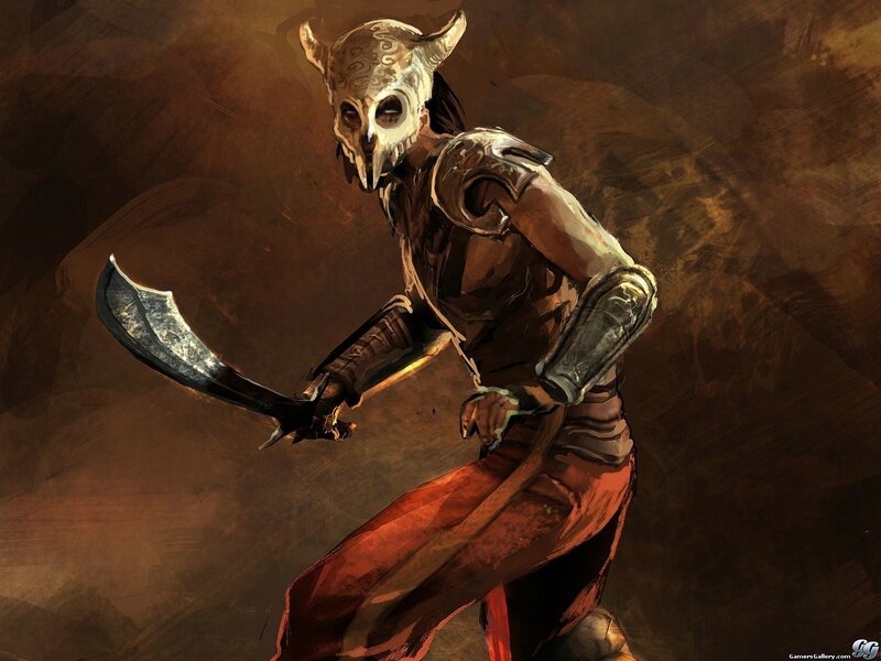 warrior in skull mask with curved blade