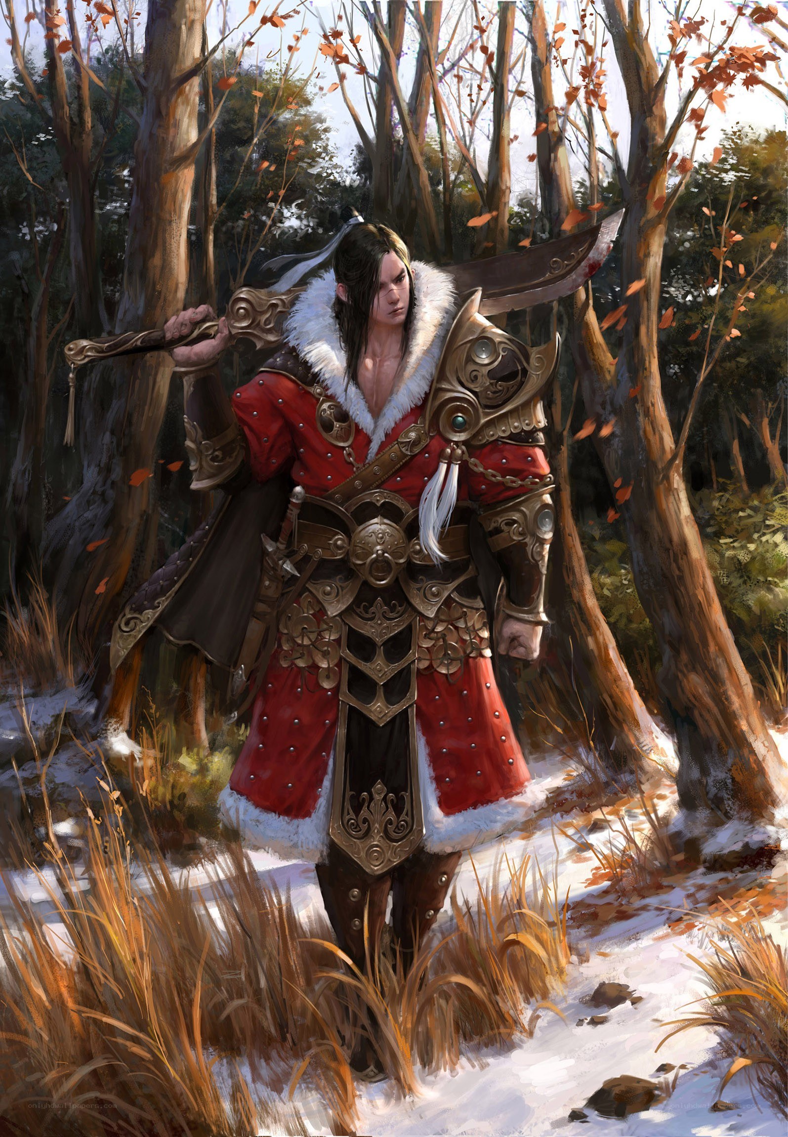 Warrior in snowy forest