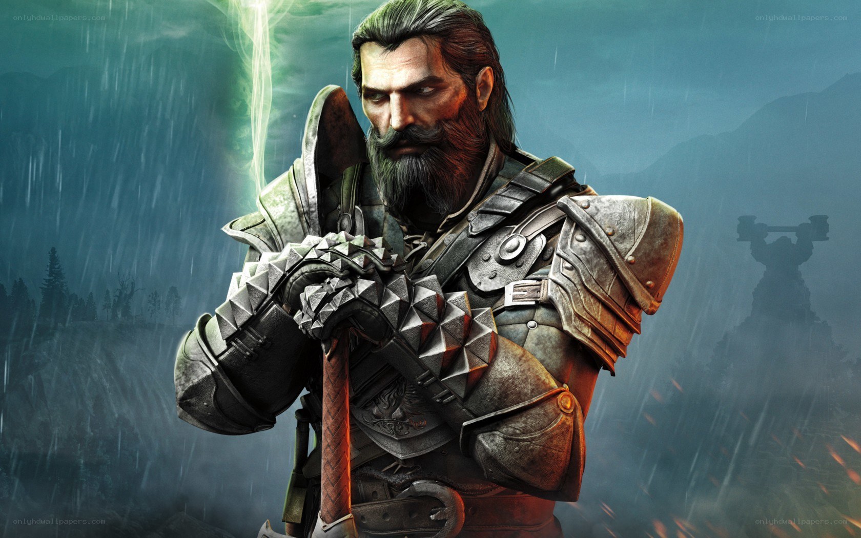 warrior in stormy landscape
