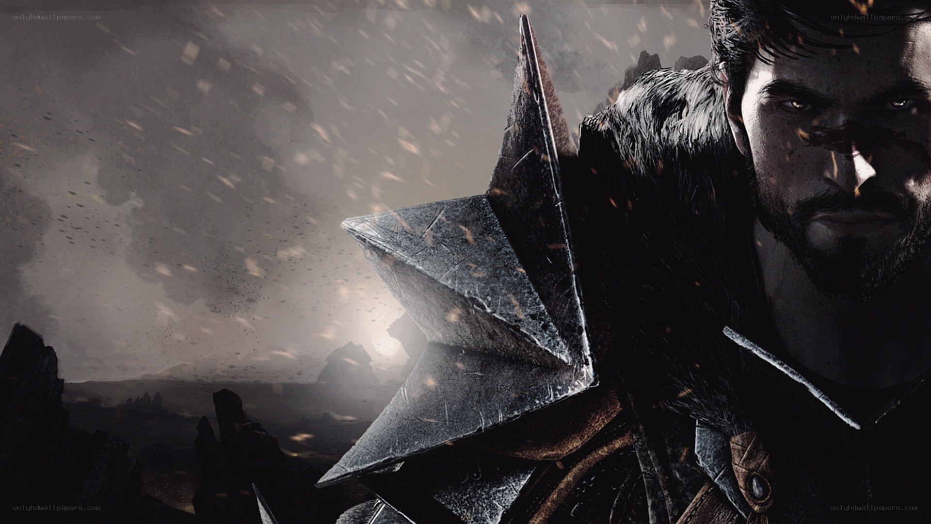 warrior in stormy landscape