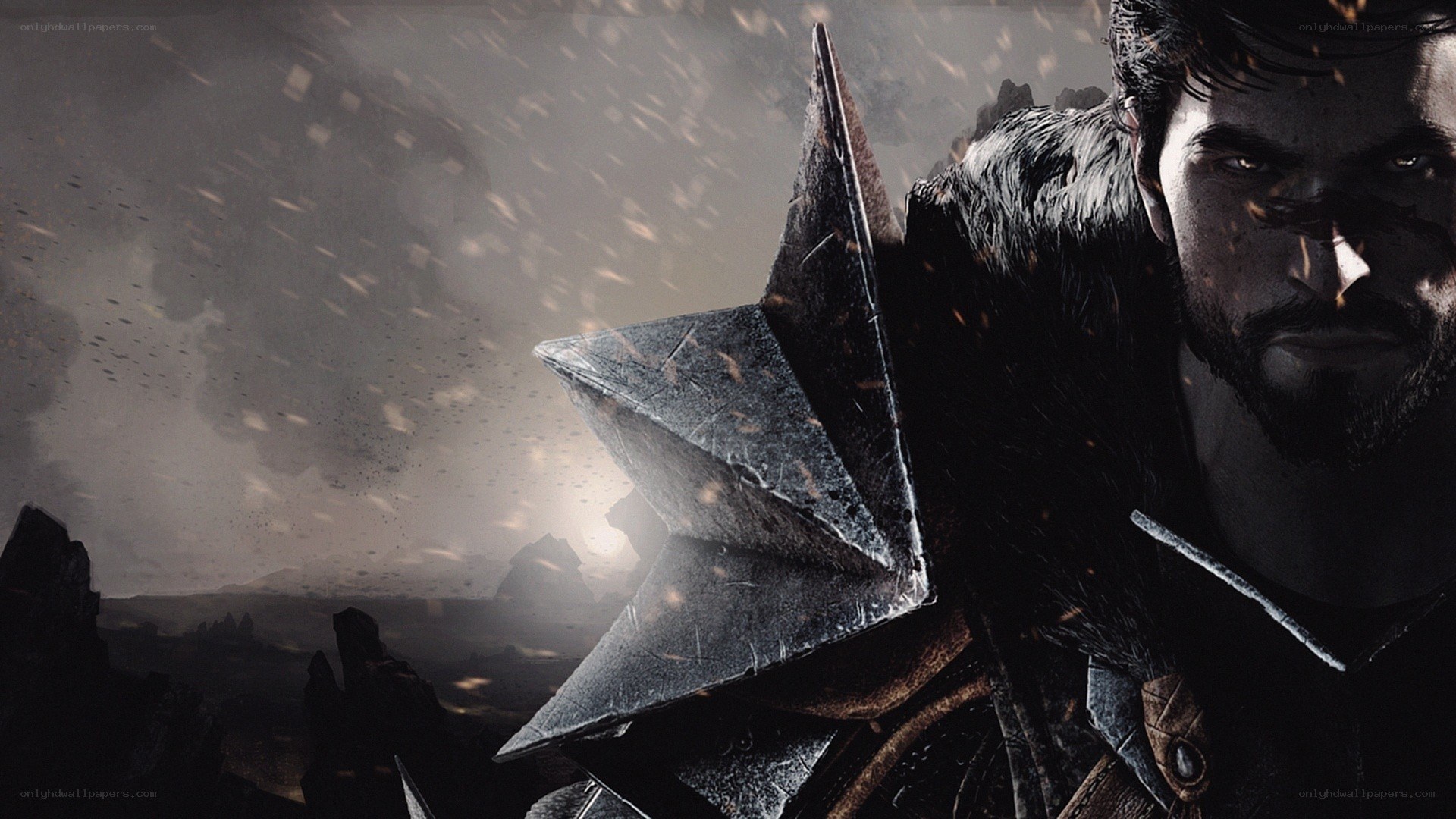 warrior in stormy landscape