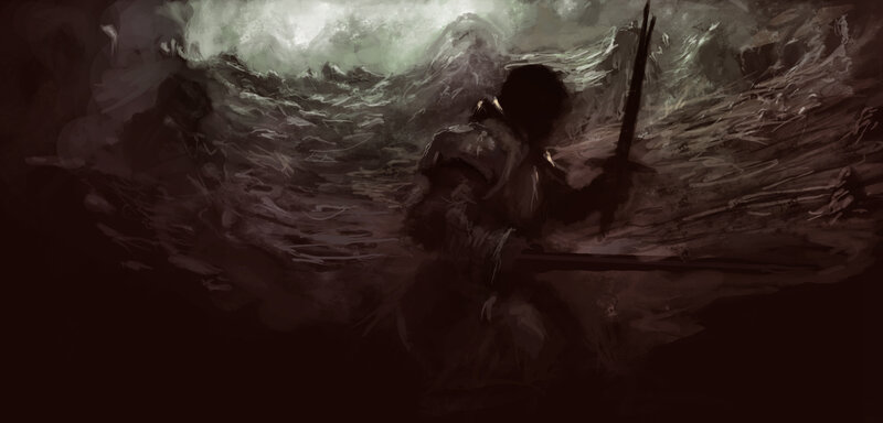 Warrior in stormy sea