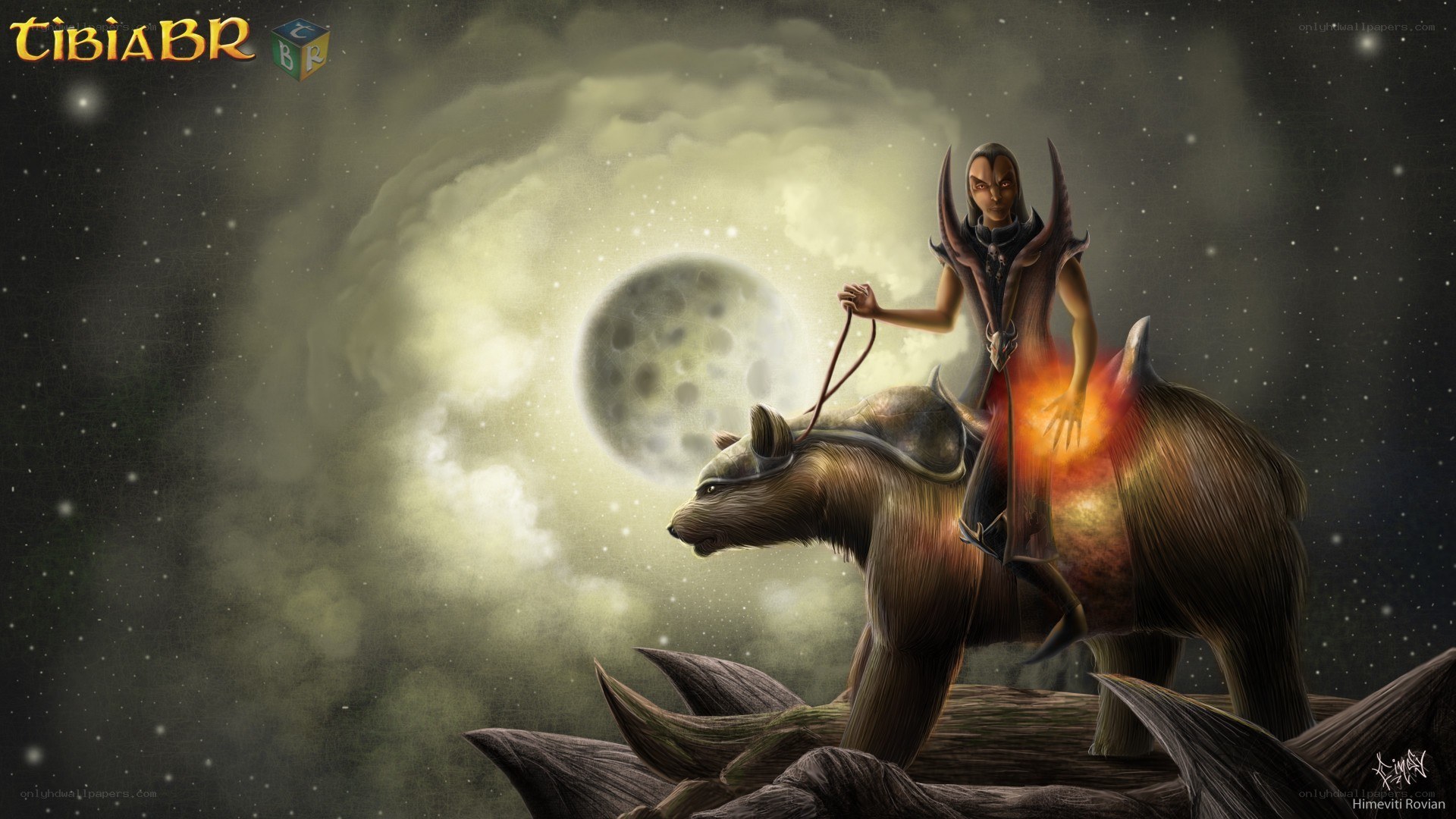 Warrior on a bear under the moon