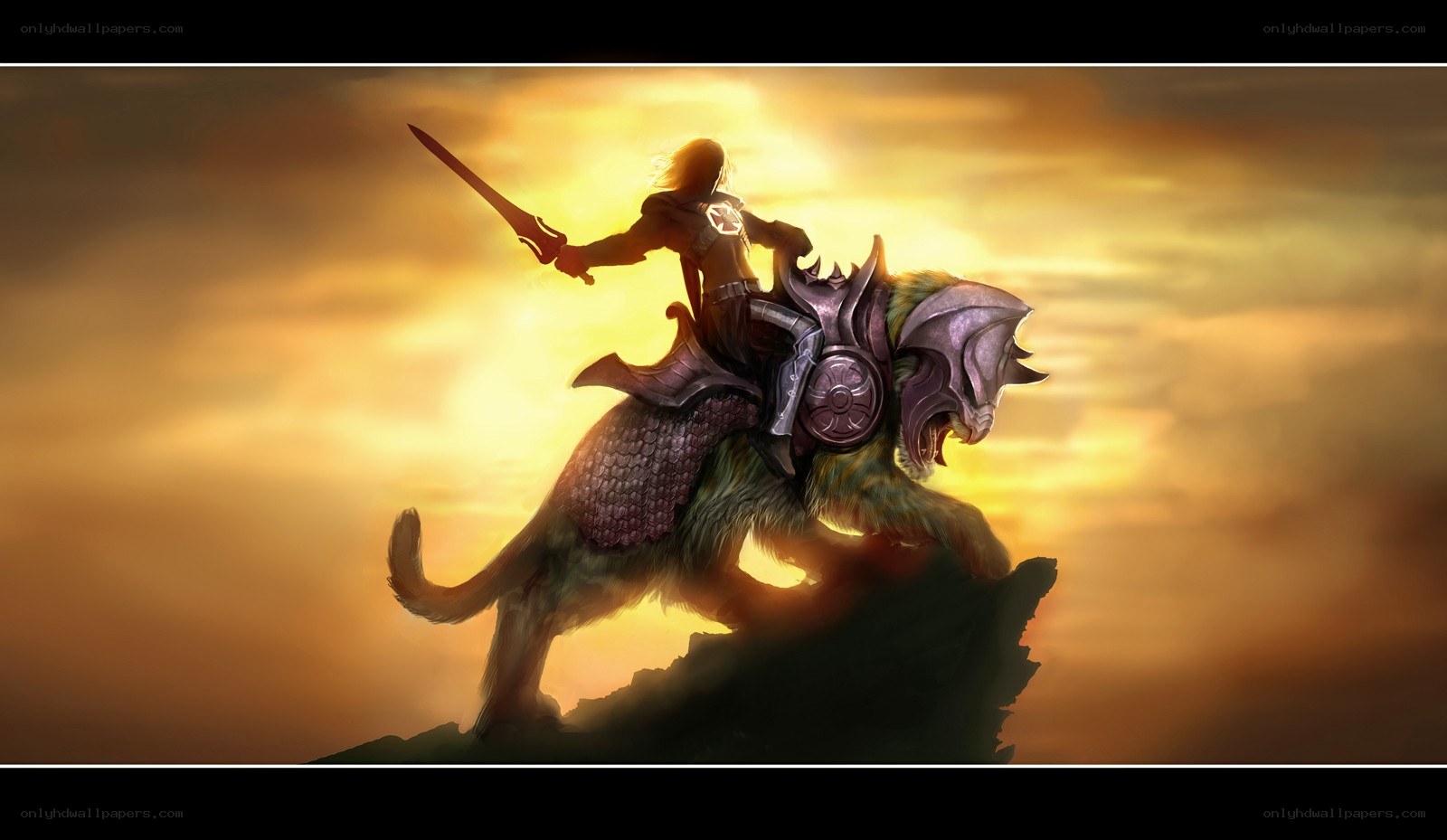 warrior on a beast at sunset