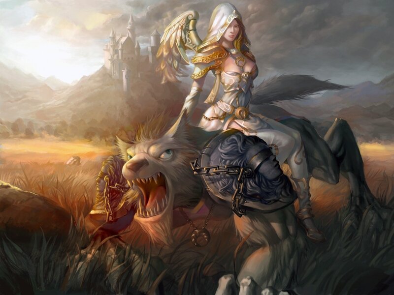 Warrior on a beast in a fantasy landscape