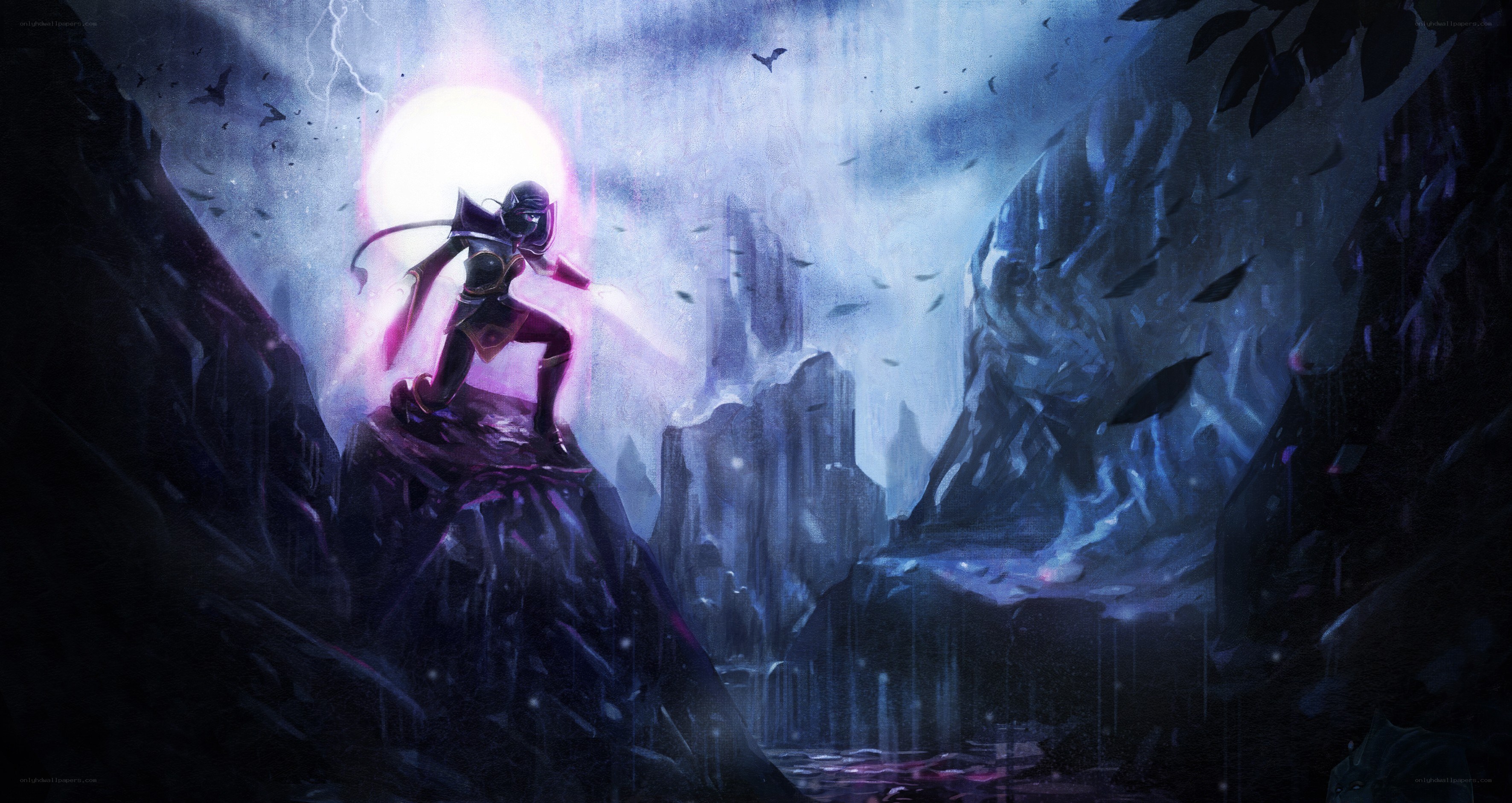 Warrior on a cliff at night