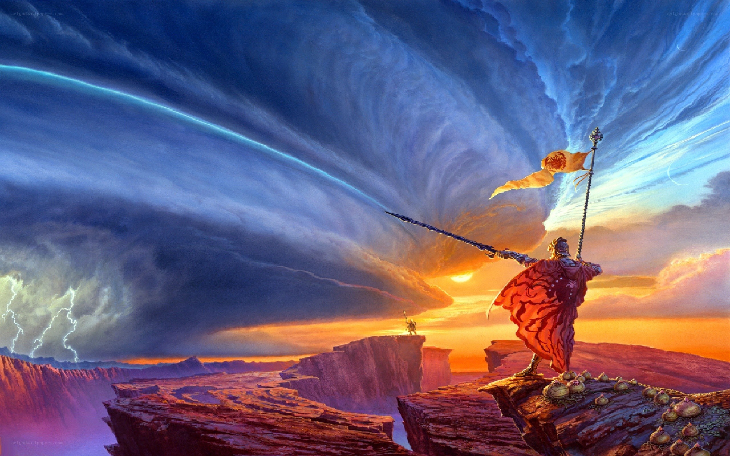 Warrior on a cliff at sunset