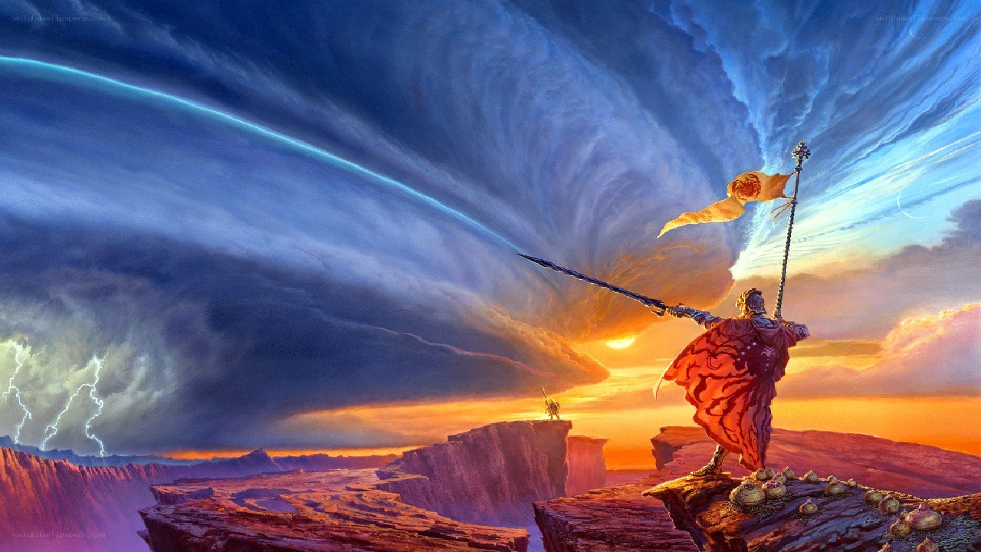 Warrior on a cliff at sunset