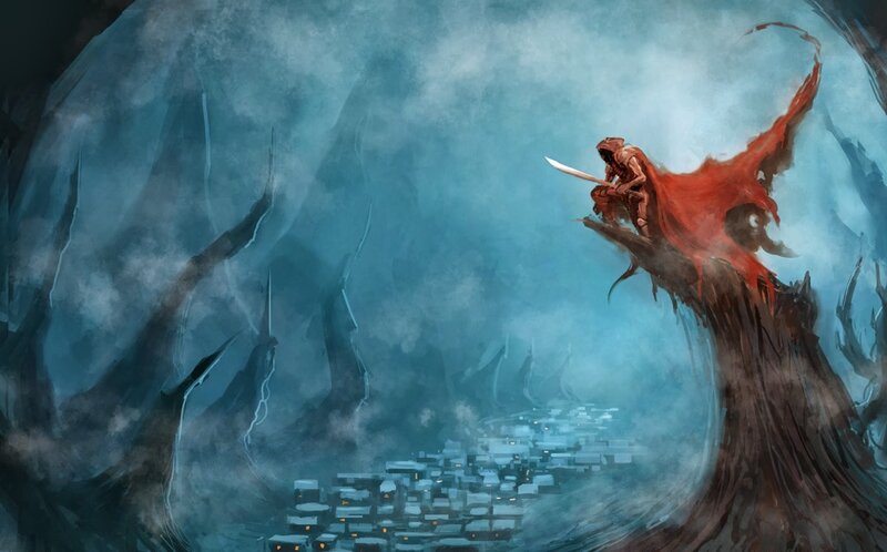 Warrior on a Cliff — Blue, Dramatic, Night