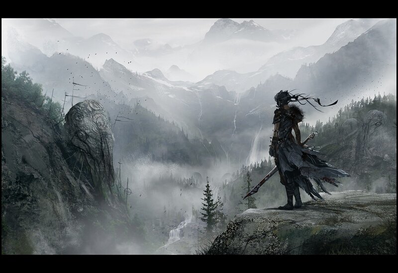 Warrior on a Cliff — Gray, Dramatic
