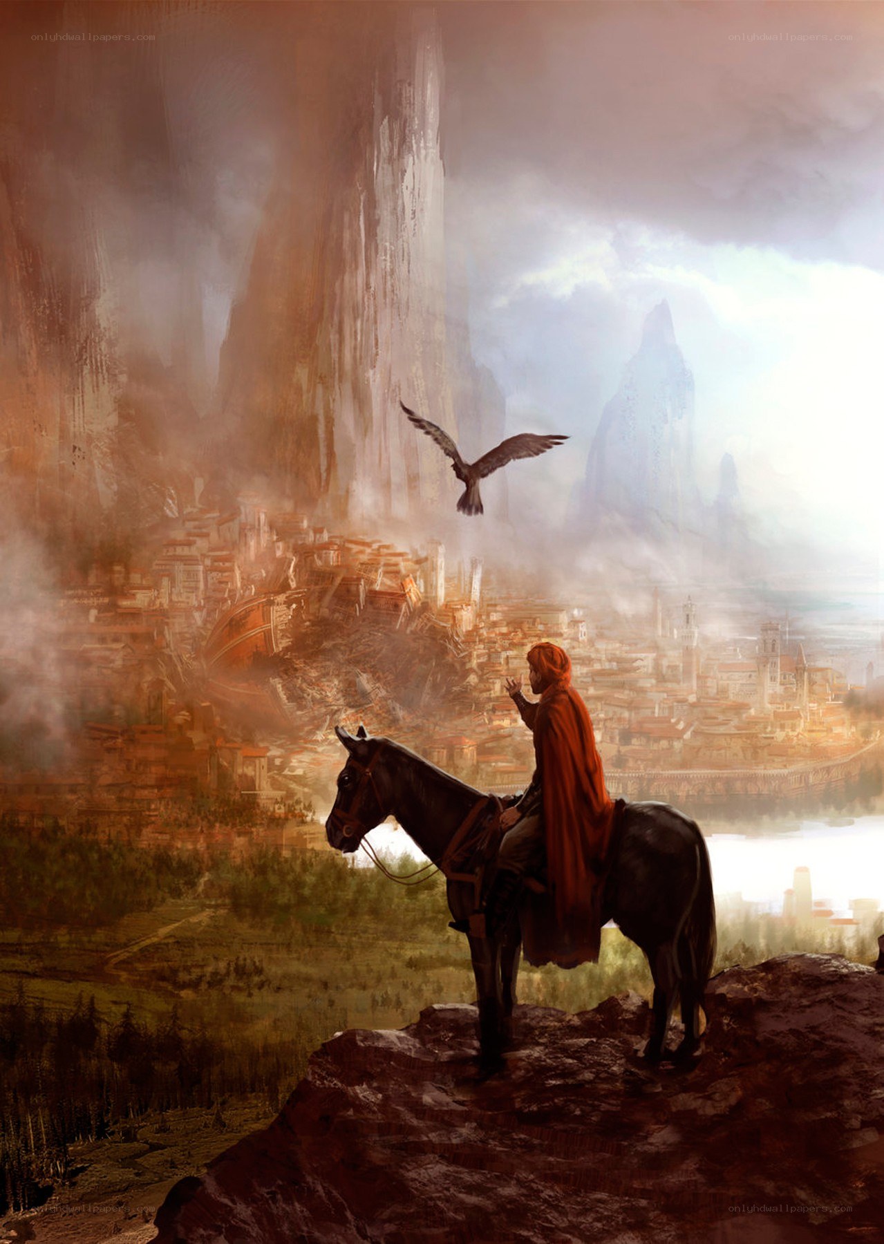 Warrior on a cliff overlooking a city