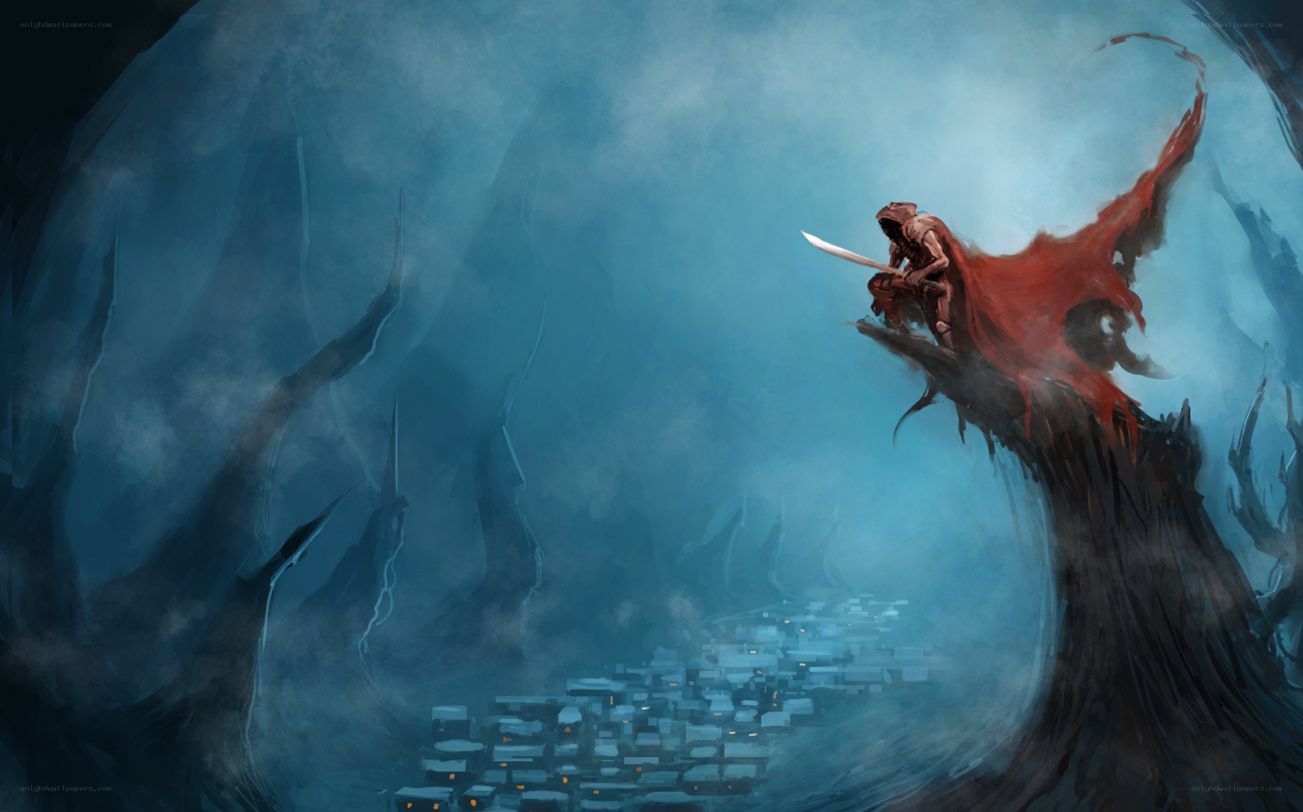 Warrior on a cliff overlooking a city