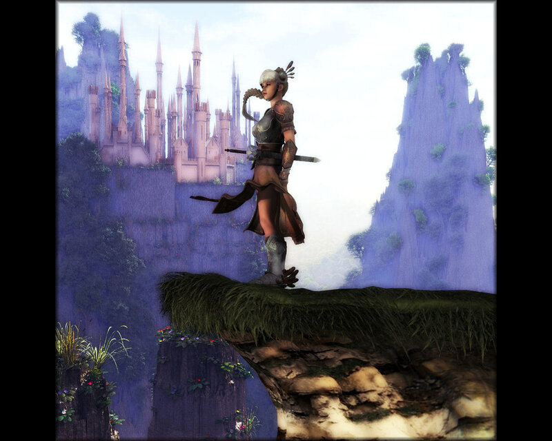 Warrior on a cliff overlooking castle
