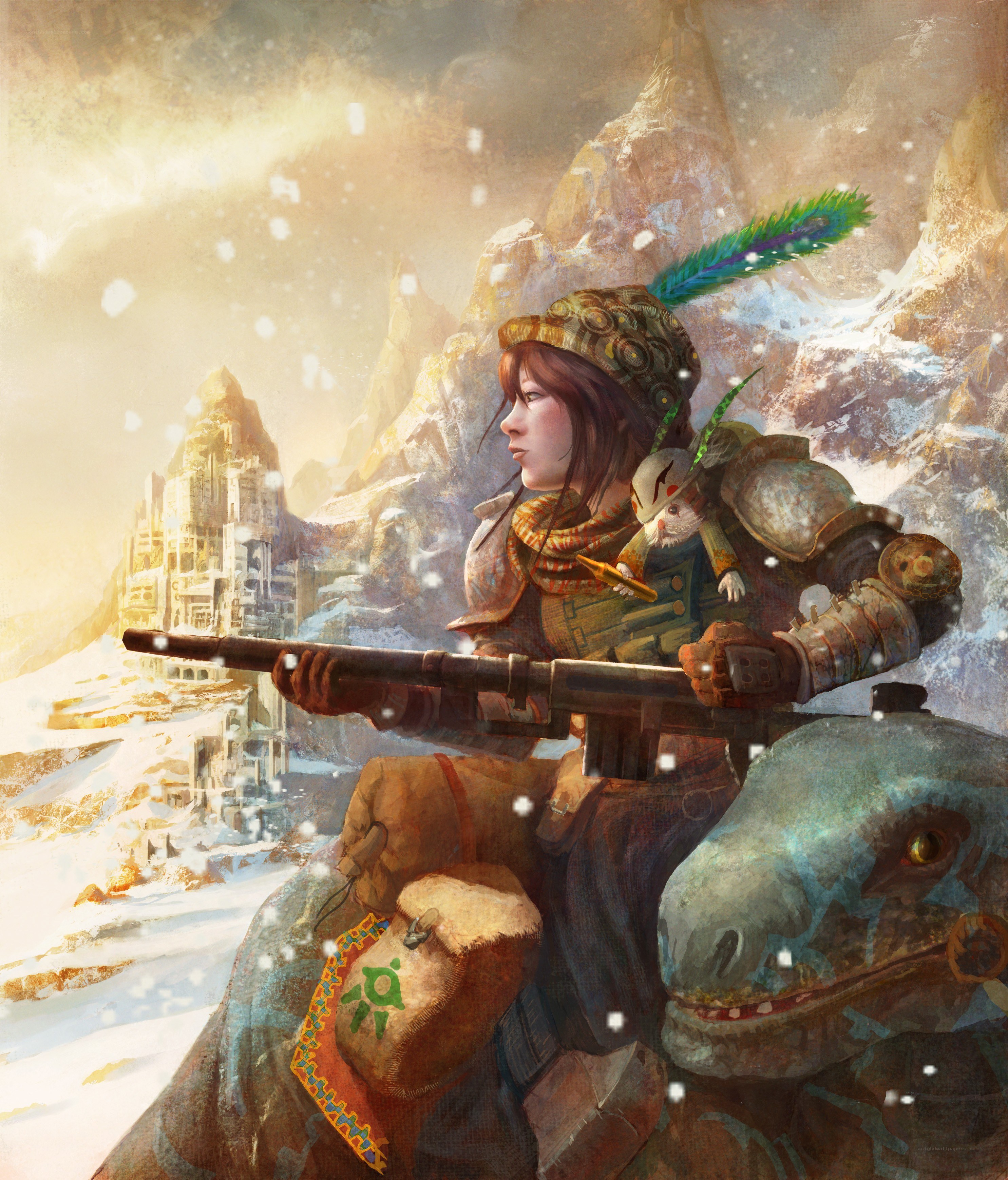 Warrior on a dinosaur in snow