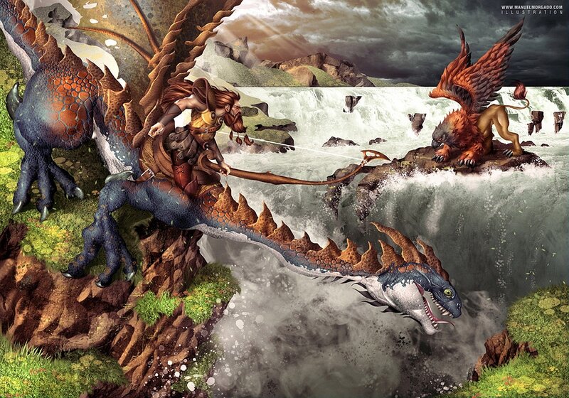 Warrior on a dragon in a fantasy battle
