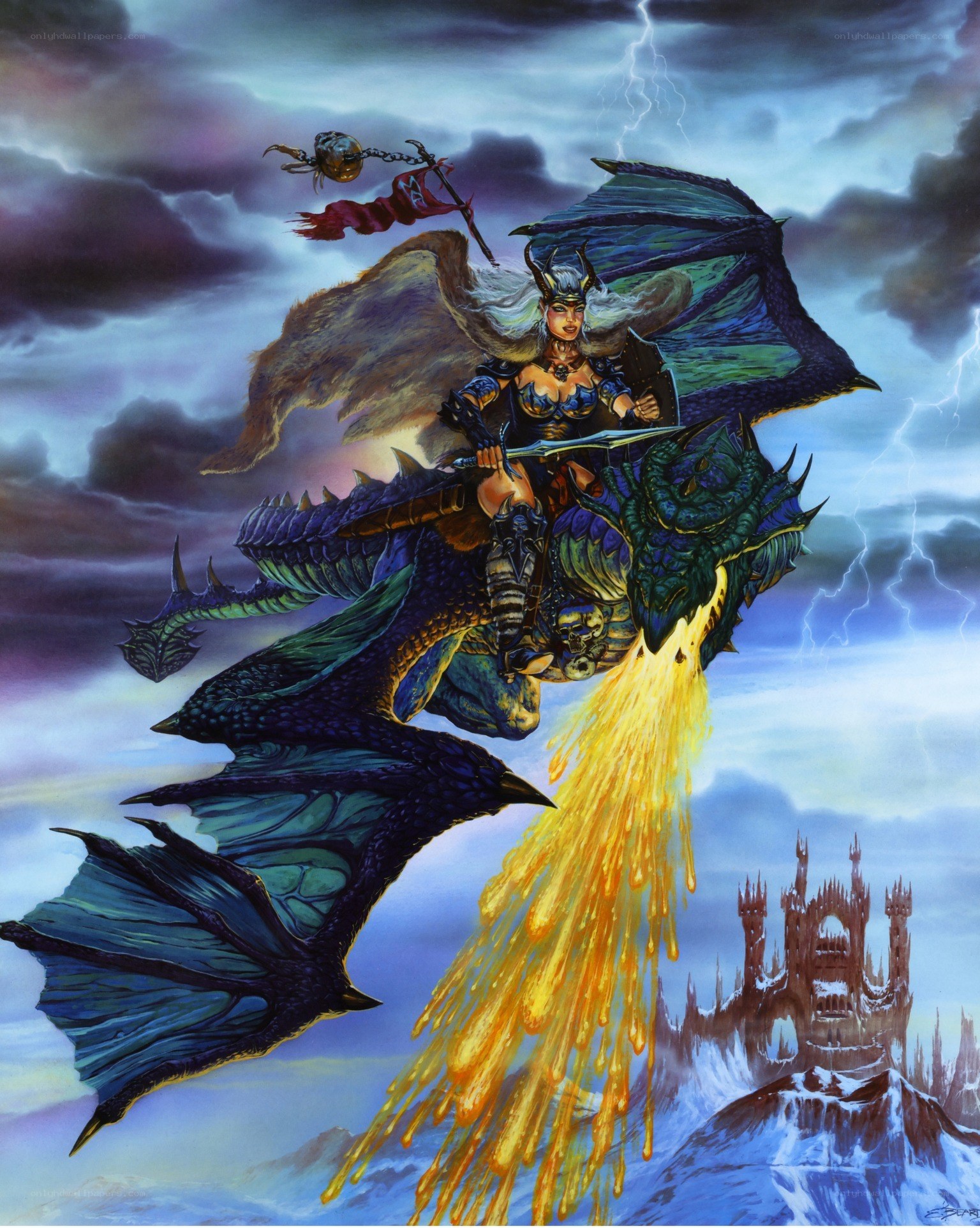 Warrior on a dragon in storm