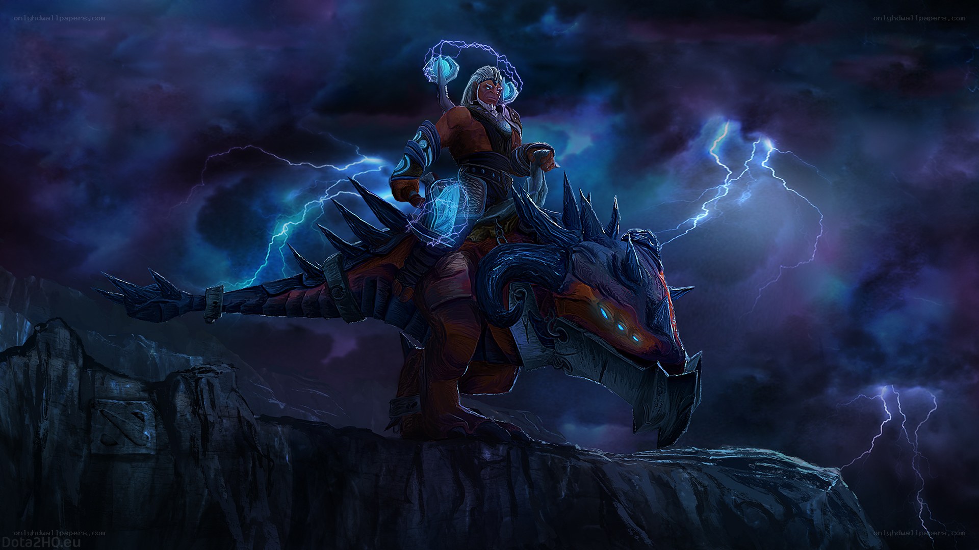 Warrior on a dragon in storm