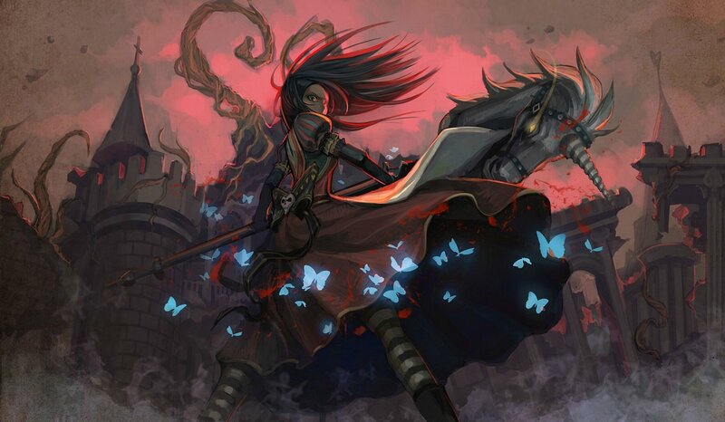 Warrior on a Horse — Red, Dramatic, Night, Digital Art, Castle, Butterflies