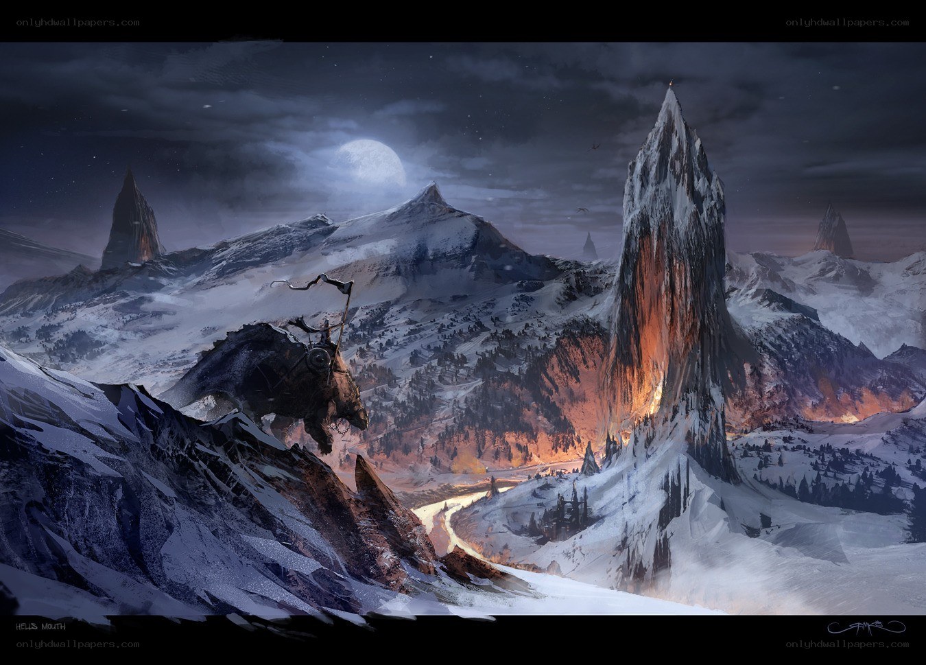 Warrior on a mount in snowy mountains